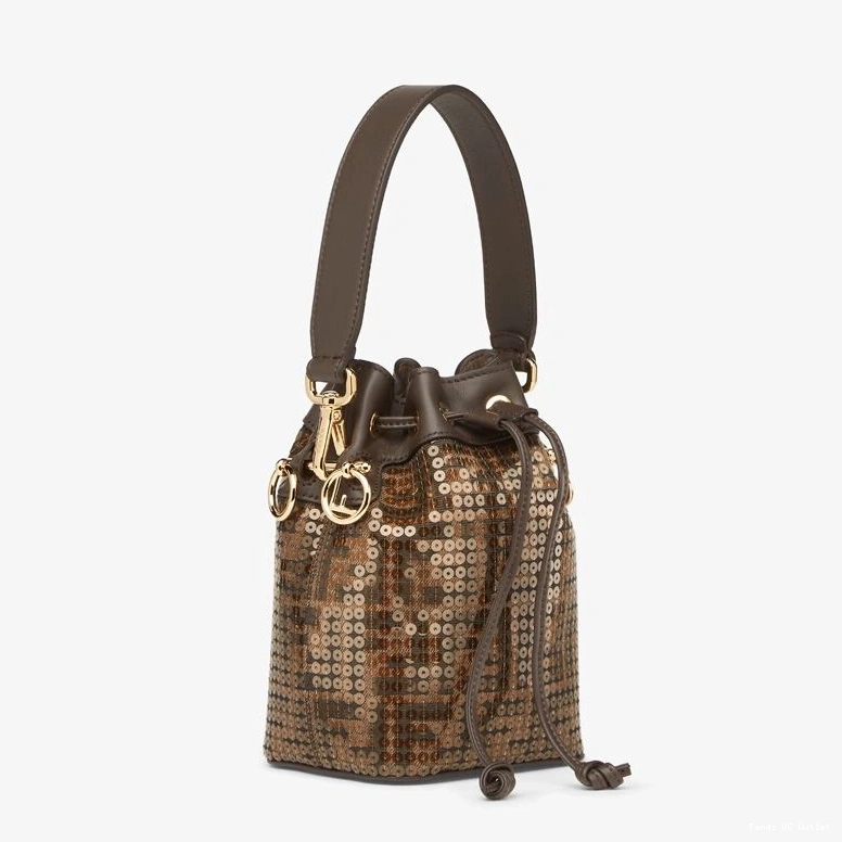 Vintage HOT Fendi Bag Motif Tresor Fabric Mon In Brown FF Sequins Mini with Bucket 0712